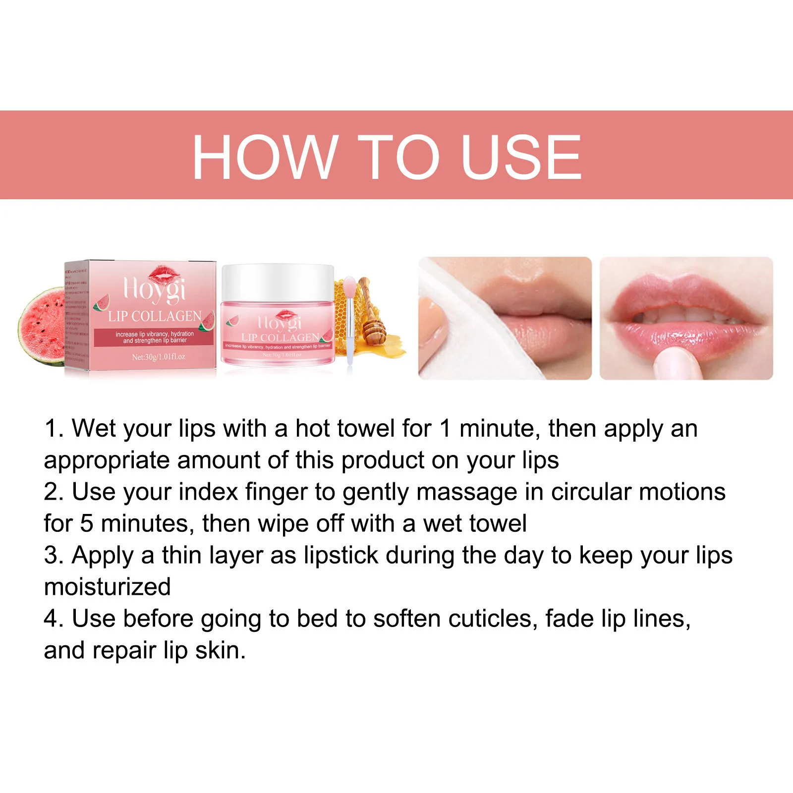 Hoygi Watermelon Lip Mask - Hydrating & Repairing for Dry, Chapped Lips with Collagen 3 watermelon lip mask cih yncxn78q desc 3