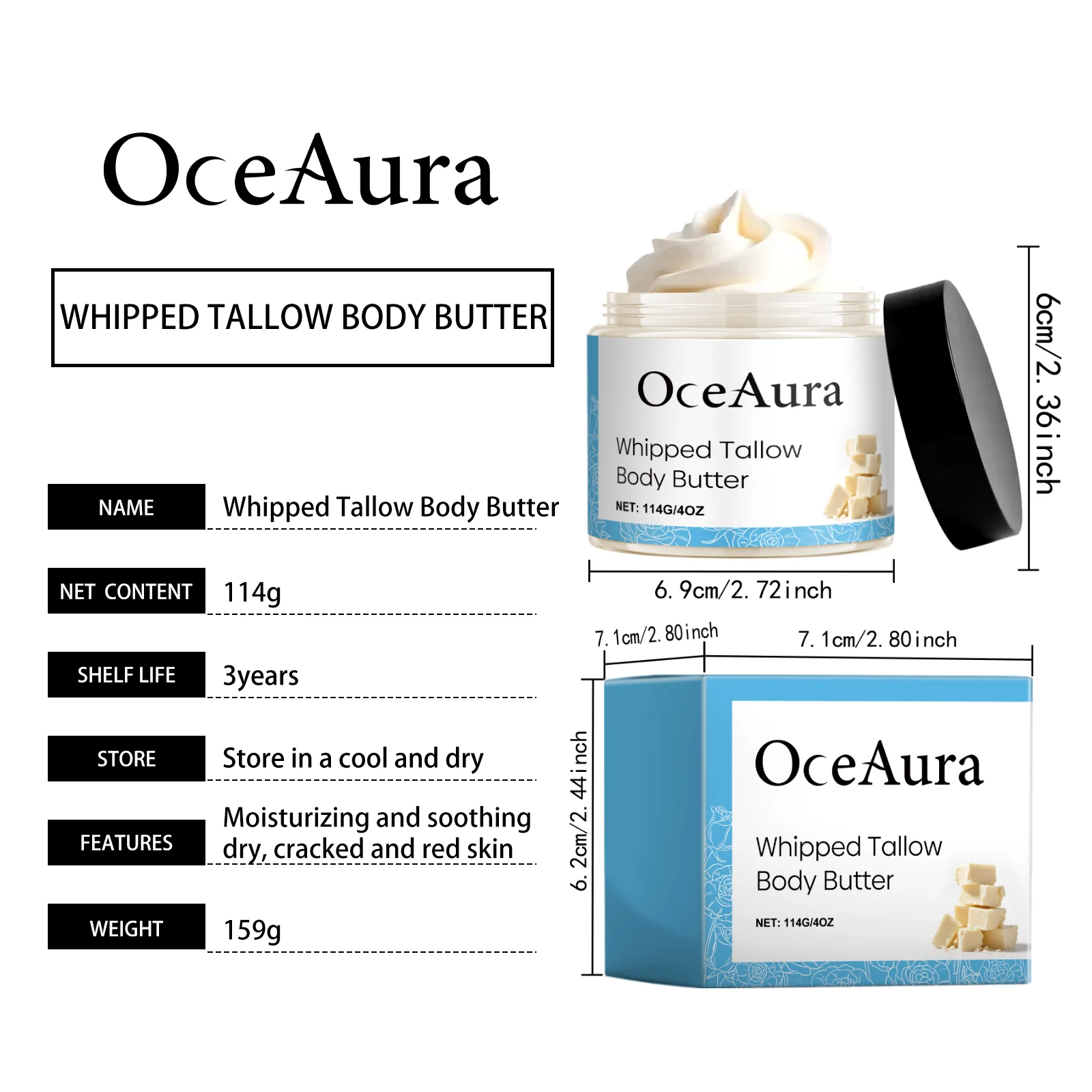 OceAura Whipped Tallow Body Butter | Moisturizing Cream for Sensitive Skin, Non-Greasy, Quick Absorption 1 whipped tallow body butter der k8pceg3w desc 1